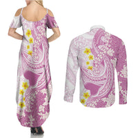 Purple Hawaii Shark Tattoo Couples Matching Summer Maxi Dress and Long Sleeve Button Shirt Puakenikeni Lei Plumeria Polynesian Pattern