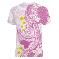 Purple Hawaii Shark Tattoo Women V-Neck T-Shirt Puakenikeni Lei Plumeria Polynesian Pattern