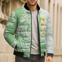 Green Hawaii Shark Tattoo Bomber Puffer Jacket Puakenikeni Lei Plumeria Polynesian Pattern