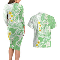 Green Hawaii Shark Tattoo Couples Matching Long Sleeve Bodycon Dress and Hawaiian Shirt Puakenikeni Lei Plumeria Polynesian Pattern LT14 - Polynesian Pride