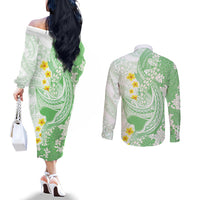 Green Hawaii Shark Tattoo Couples Matching Off The Shoulder Long Sleeve Dress and Long Sleeve Button Shirt Puakenikeni Lei Plumeria Polynesian Pattern LT14 - Polynesian Pride