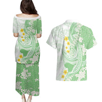Green Hawaii Shark Tattoo Couples Matching Puletasi and Hawaiian Shirt Puakenikeni Lei Plumeria Polynesian Pattern