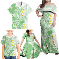 Green Hawaii Shark Tattoo Family Matching Off Shoulder Maxi Dress and Hawaiian Shirt Puakenikeni Lei Plumeria Polynesian Pattern LT14 - Polynesian Pride