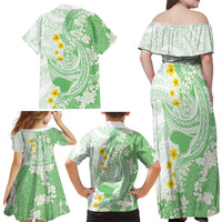 Green Hawaii Shark Tattoo Family Matching Off Shoulder Maxi Dress and Hawaiian Shirt Puakenikeni Lei Plumeria Polynesian Pattern LT14 - Polynesian Pride