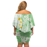 Green Hawaii Shark Tattoo Family Matching Off Shoulder Short Dress and Hawaiian Shirt Puakenikeni Lei Plumeria Polynesian Pattern LT14 - Polynesian Pride