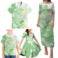 Green Hawaii Shark Tattoo Family Matching Puletasi and Hawaiian Shirt Puakenikeni Lei Plumeria Polynesian Pattern LT14 - Polynesian Pride