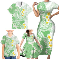 Green Hawaii Shark Tattoo Family Matching Short Sleeve Bodycon Dress and Hawaiian Shirt Puakenikeni Lei Plumeria Polynesian Pattern LT14 - Polynesian Pride