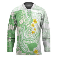 Green Hawaii Shark Tattoo Hockey Jersey Puakenikeni Lei Plumeria Polynesian Pattern