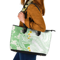 Green Hawaii Shark Tattoo Leather Tote Bag Puakenikeni Lei Plumeria Polynesian Pattern