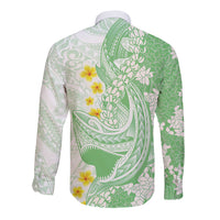 Green Hawaii Shark Tattoo Long Sleeve Button Shirt Puakenikeni Lei Plumeria Polynesian Pattern