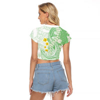 Green Hawaii Shark Tattoo Raglan Cropped T Shirt Puakenikeni Lei Plumeria Polynesian Pattern