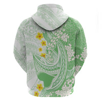 Green Hawaii Shark Tattoo Zip Hoodie Puakenikeni Lei Plumeria Polynesian Pattern