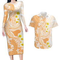 Orange Hawaii Shark Tattoo Couples Matching Long Sleeve Bodycon Dress and Hawaiian Shirt Puakenikeni Lei Plumeria Polynesian Pattern LT14 Orange - Polynesian Pride