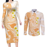 Orange Hawaii Shark Tattoo Couples Matching Long Sleeve Bodycon Dress and Long Sleeve Button Shirt Puakenikeni Lei Plumeria Polynesian Pattern