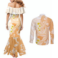 Orange Hawaii Shark Tattoo Couples Matching Mermaid Dress and Long Sleeve Button Shirt Puakenikeni Lei Plumeria Polynesian Pattern