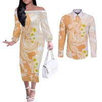 Orange Hawaii Shark Tattoo Couples Matching Off The Shoulder Long Sleeve Dress and Long Sleeve Button Shirt Puakenikeni Lei Plumeria Polynesian Pattern LT14 Orange - Polynesian Pride