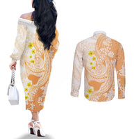 Orange Hawaii Shark Tattoo Couples Matching Off The Shoulder Long Sleeve Dress and Long Sleeve Button Shirt Puakenikeni Lei Plumeria Polynesian Pattern LT14 - Polynesian Pride
