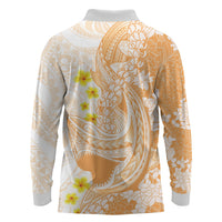 Orange Hawaii Shark Tattoo Long Sleeve Polo Shirt Puakenikeni Lei Plumeria Polynesian Pattern