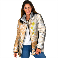Orange Hawaii Shark Tattoo Padded Jacket Puakenikeni Lei Plumeria Polynesian Pattern