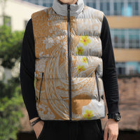 Orange Hawaii Shark Tattoo Sleeveless Puffer Jacket Puakenikeni Lei Plumeria Polynesian Pattern