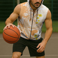 Orange Hawaii Shark Tattoo Sleeveless Zip Hoodie Puakenikeni Lei Plumeria Polynesian Pattern