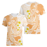 Orange Hawaii Shark Tattoo Women V-Neck T-Shirt Puakenikeni Lei Plumeria Polynesian Pattern LT14 - Polynesian Pride