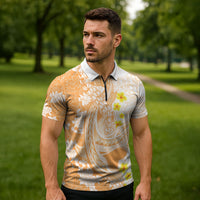 Orange Hawaii Shark Tattoo Zipper Polo Shirt Puakenikeni Lei Plumeria Polynesian Pattern