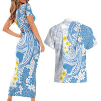 Blue Hawaii Shark Tattoo Couples Matching Short Sleeve Bodycon Dress and Hawaiian Shirt Puakenikeni Lei Plumeria Polynesian Pattern LT14 - Polynesian Pride