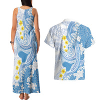 Blue Hawaii Shark Tattoo Couples Matching Tank Maxi Dress and Hawaiian Shirt Puakenikeni Lei Plumeria Polynesian Pattern