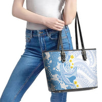 Blue Hawaii Shark Tattoo Leather Tote Bag Puakenikeni Lei Plumeria Polynesian Pattern