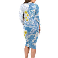 Blue Hawaii Shark Tattoo Long Sleeve Bodycon Dress Puakenikeni Lei Plumeria Polynesian Pattern