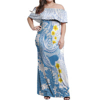 Blue Hawaii Shark Tattoo Off Shoulder Maxi Dress Puakenikeni Lei Plumeria Polynesian Pattern