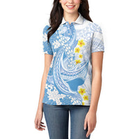 Blue Hawaii Shark Tattoo Women Polo Shirt Puakenikeni Lei Plumeria Polynesian Pattern