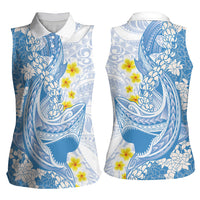 Blue Hawaii Shark Tattoo Women Sleeveless Polo Shirt Puakenikeni Lei Plumeria Polynesian Pattern