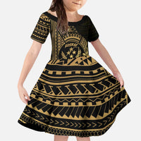 Gold Kosrae Liberation Day Family Matching Off The Shoulder Long Sleeve Dress and Hawaiian Shirt September 8 Polynesian Tattoo LT14 Daughter's Dress Gold - Polynesian Pride
