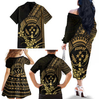 Gold Kosrae Liberation Day Family Matching Off The Shoulder Long Sleeve Dress and Hawaiian Shirt September 8 Polynesian Tattoo LT14 - Polynesian Pride