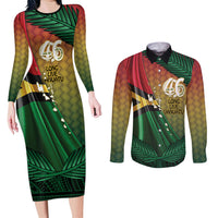 Personalised Long Live Vanuatu Independence Day Couples Matching Long Sleeve Bodycon Dress and Long Sleeve Button Shirt 46th Anniversary Woven Pattern LT14 Reggae - Polynesian Pride