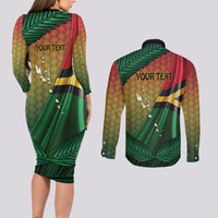 Personalised Long Live Vanuatu Independence Day Couples Matching Long Sleeve Bodycon Dress and Long Sleeve Button Shirt 46th Anniversary Woven Pattern LT14 - Polynesian Pride