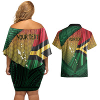 Personalised Long Live Vanuatu Independence Day Couples Matching Off Shoulder Short Dress and Hawaiian Shirt 46th Anniversary Woven Pattern LT14 - Polynesian Pride