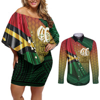 Personalised Long Live Vanuatu Independence Day Couples Matching Off Shoulder Short Dress and Long Sleeve Button Shirt 46th Anniversary Woven Pattern LT14 Reggae - Polynesian Pride