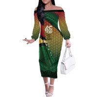Personalised Long Live Vanuatu Independence Day Family Matching Off The Shoulder Long Sleeve Dress and Hawaiian Shirt 46th Anniversary Woven Pattern LT14 Mom's Dress Reggae - Polynesian Pride