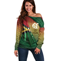 Personalised Long Live Vanuatu Independence Day Off Shoulder Sweater 46th Anniversary Woven Pattern LT14 Women Reggae - Polynesian Pride