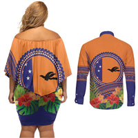 PNG New Ireland Province Couples Matching Off Shoulder Short Dress and Long Sleeve Button Shirt Niu Ailan Necklace Polynesian Tattoo LT14 - Polynesian Pride