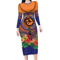PNG New Ireland Province Long Sleeve Bodycon Dress Niu Ailan Necklace Polynesian Tattoo LT14 Long Dress Orange - Polynesian Pride