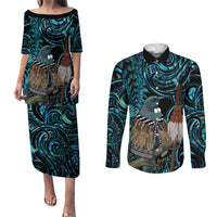 New Zealand Tui Bird Taiaha Couples Matching Puletasi and Long Sleeve Button Shirt Maori Weapon Paua Shell Mix Silver Fern LT14 Turquoise - Polynesian Pride