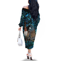 New Zealand Tui Bird Taiaha Family Matching Off The Shoulder Long Sleeve Dress and Hawaiian Shirt Maori Weapon Paua Shell Mix Silver Fern