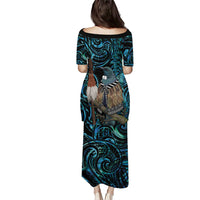New Zealand Tui Bird Taiaha Family Matching Puletasi and Hawaiian Shirt Maori Weapon Paua Shell Mix Silver Fern