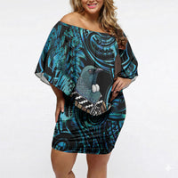 New Zealand Tui Bird Taiaha Off Shoulder Short Dress Maori Weapon Paua Shell Mix Silver Fern LT14 Women Turquoise - Polynesian Pride
