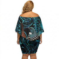 New Zealand Tui Bird Taiaha Off Shoulder Short Dress Maori Weapon Paua Shell Mix Silver Fern LT14 - Polynesian Pride