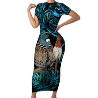 New Zealand Tui Bird Taiaha Short Sleeve Bodycon Dress Maori Weapon Paua Shell Mix Silver Fern